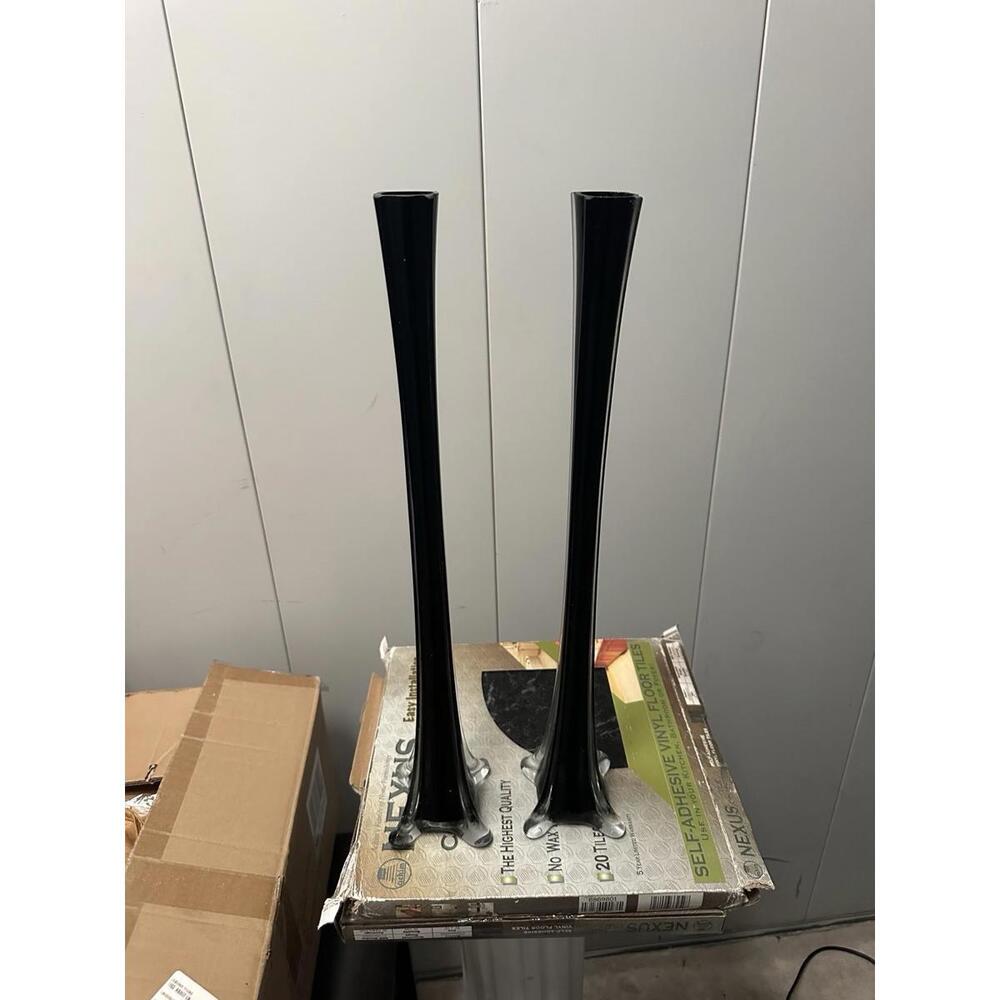 Pair of 15.5” Tall Black Glass‎ Trumpet Bud Vases with Clear Base New